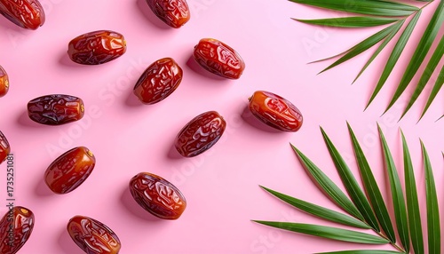 Dates Arrangement with Green Palm Leaves on Pink Background in Bright Daylight