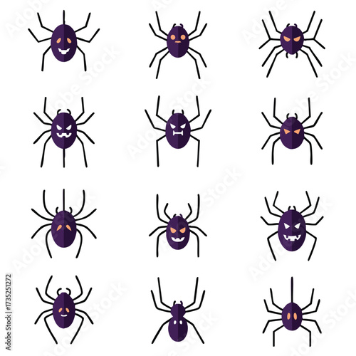 Array of 12 stylized spiders in violet shades each with unique facial expressions on a white backdrop