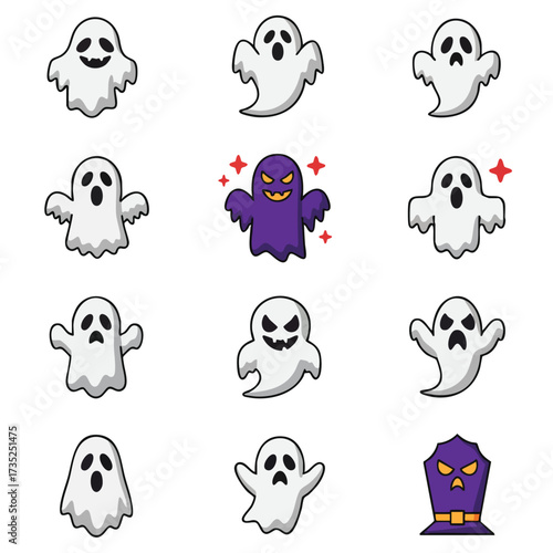 Cartoonstyle ghosts and a tombstone are arranged in a 3x4 grid