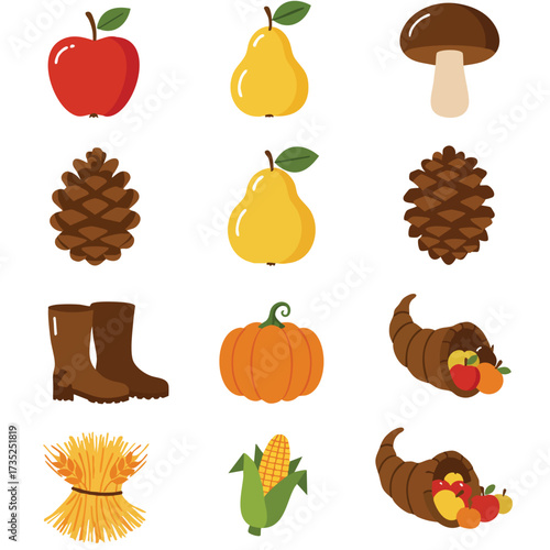 Eleven harvest items include an apple pears pinecones boots and cornucopias
