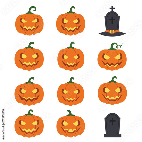 Eleven pumpkins and two tombstones arranged in a grid pattern