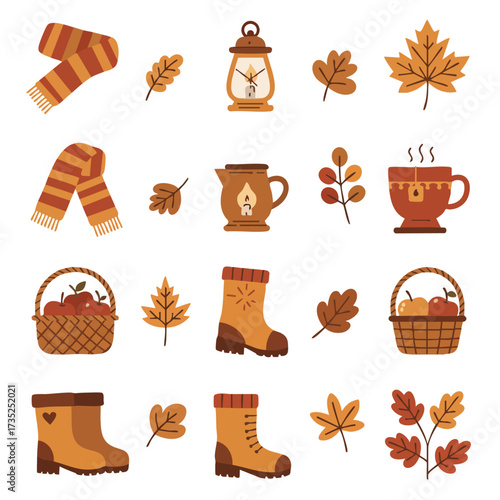 Fall objects scarves leaves baskets of apples boots lamp tea cups on a white background