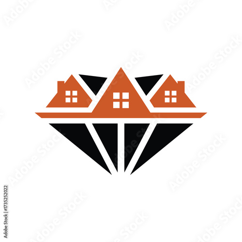 this image is a flat logo design of a diamond shape in combination with a roof of a house as the focal point. It looks clean in black and orange color combination on a white background. 