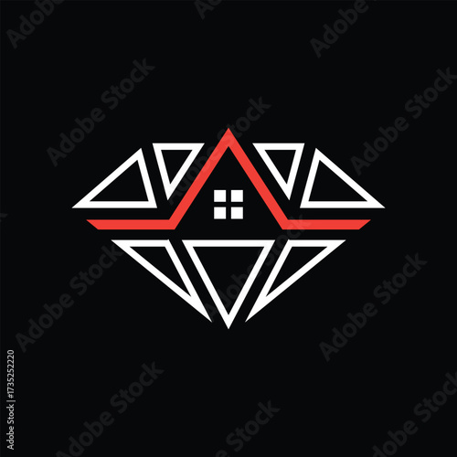 this image is a flat logo design of a diamond shape in combination with a roof of a house as the focal point. It looks clean in orange and white color combination on a black background. 