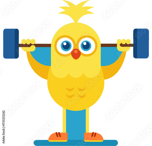 Cartoon bird lifting weights in a gym training hard for fitness and strength