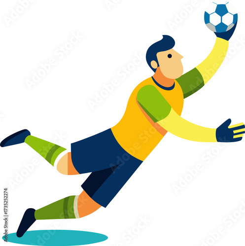 Goalkeeper dives to catch the soccer ball in a dynamic action vector illustration