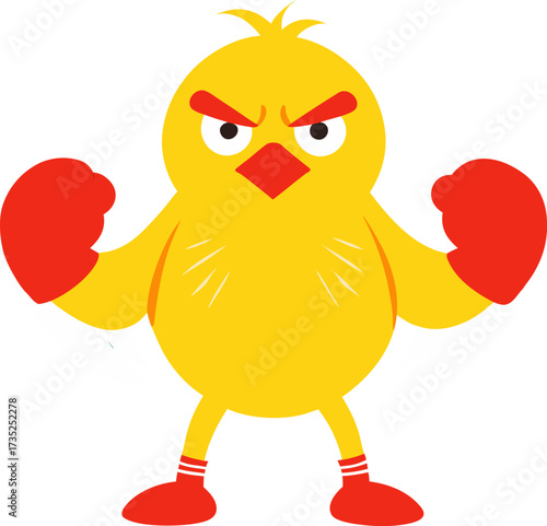 Cartoon chick wearing boxing gloves with an angry expression ready to fight