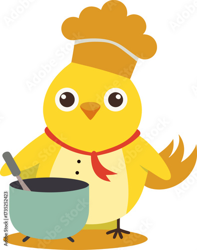 Cute cartoon bird chef stirring a pot wearing a chef's hat on a white background