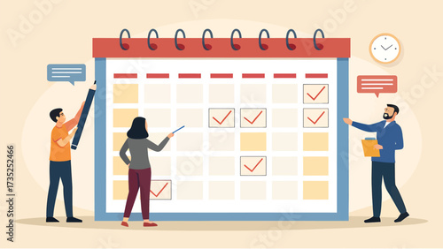 Team planning and organizing tasks with calendar schedule
