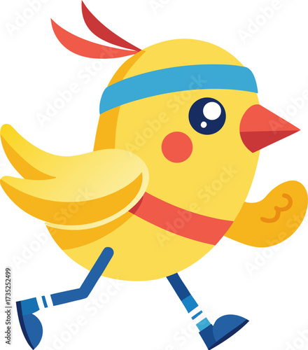Cheerful cartoon chick running with determination wearing athletic gear on white