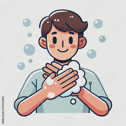Person Washing Hands with Soap Bubbles Cartoon Hygiene in White Background