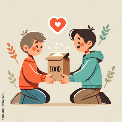 Illustration of a boy giving food aid to a person in need