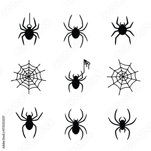 Nine black spiderweb icons arranged in a 3x3 grid pattern on white
