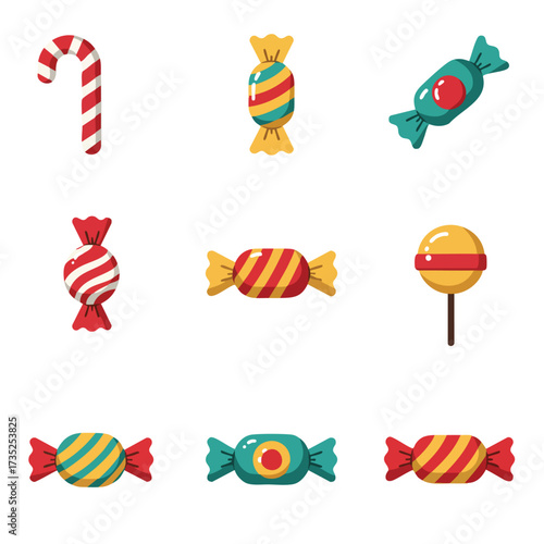 Nine colorful candy illustrations including lollipops  wrapped sweets arranged in a 3x3 grid