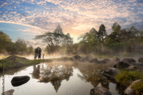 Environment hot spring in sunrise time at Jaeson National Park in Lampang, Thailand