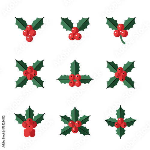 Nine holly sprigs with red berries arranged in a 3x3 grid Dark green leaves and simple geometric designs stand out
