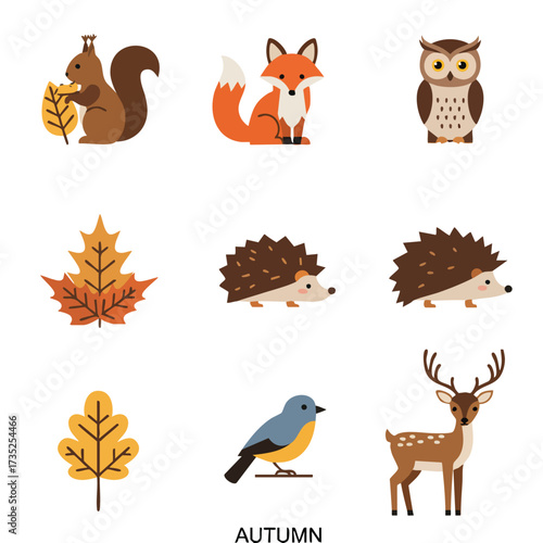 Nine illustrations show autumn animals leaves and the word AUTUMN