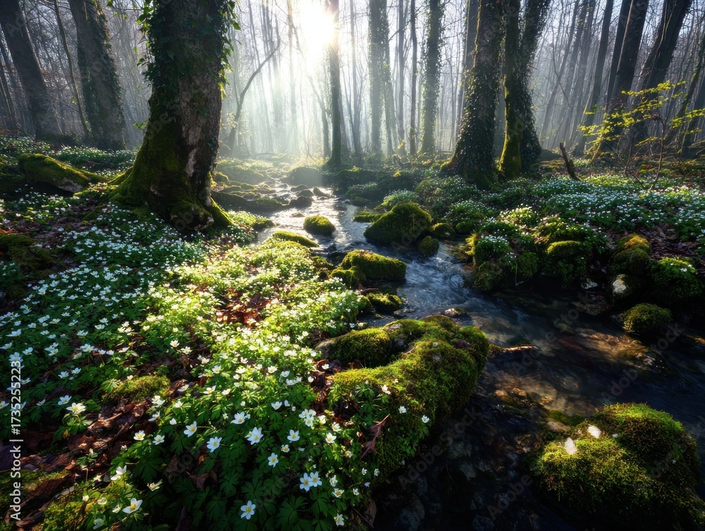 Obraz premium A tranquil forest stream meanders through a bed of vibrant spring wildflowers, bathed in the soft morning light.