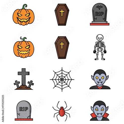 Spooky Halloween images including pumpkins coffins skeletons spiders tombstones spiderwebs vampires and crosses arranged in rows