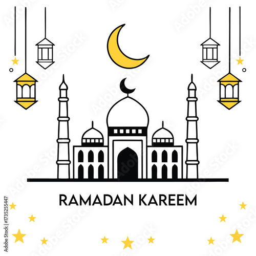 Ramadan kareem greeting card with a mosque silhouette crescent moon hanging lanterns and festive stars symbolizing islamic celebration and spiritual reflection during the holy month