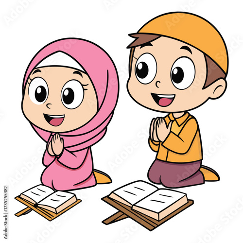 Adorable cartoon illustration of a young muslim boy and girl kneeling together in prayer with open holy books in front of them