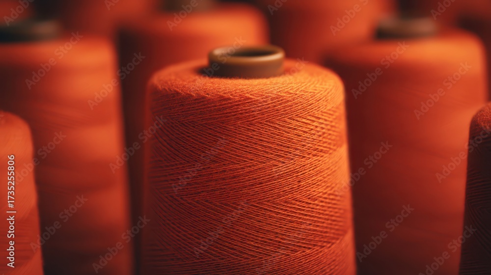Obraz premium A close-up of vibrant orange thread spools lined up, displaying their textured surfaces and intricate winding patterns.