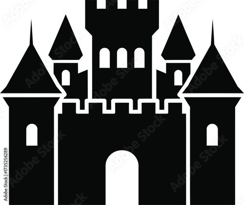 Black silhouette of a medieval castle with towers and battlements
