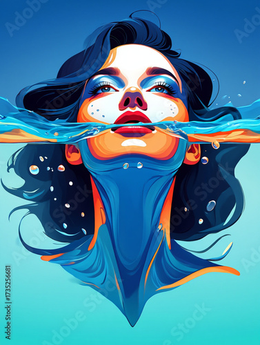 Surreal portrait of a woman emerging from vibrant blue water
