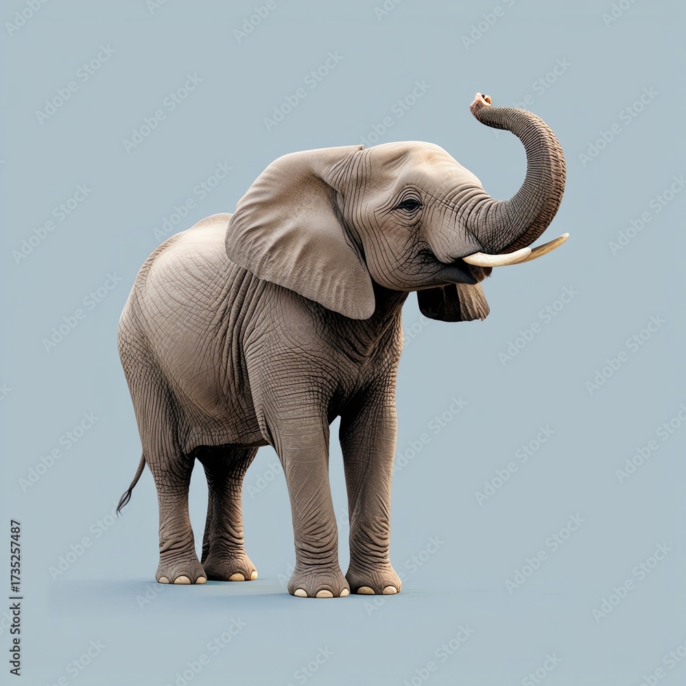 Obraz premium Elegant 4K wallpaper of a gentle elephant standing peacefully with trunk slightly lifted, soft blue minimalist background, showcasing detailed textures of wrinkled skin