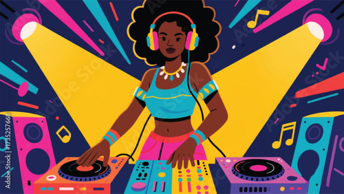 Curly Haired Woman DJ Music Illustrator Artwork Banner Background Design Template 
