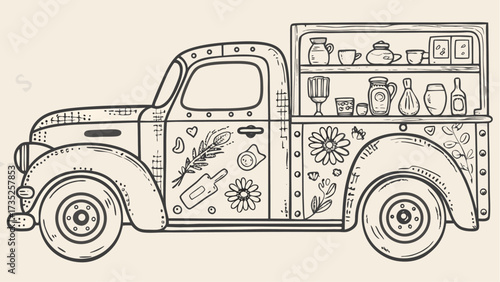 Illustration of a vintage truck with floral and kitchenware decorations on its body and in the truck bed