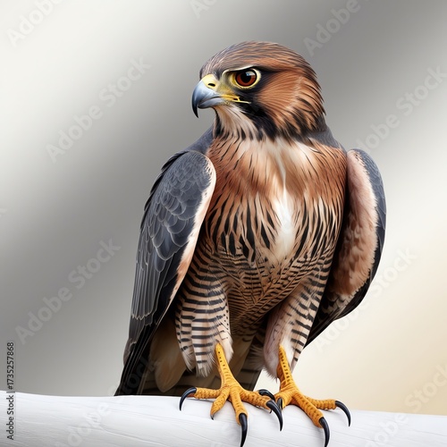Fierce falcon perched alertly, sharp eyes and feathers in detailed 4K against a muted light gray background, bold and striking minimalist bird wallpaper in high resolution.