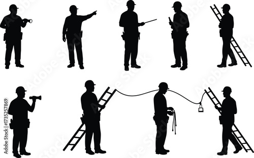 Construction worker silhouettes with tools, ladders, cables, safety helmets, teamwork, maintenance, industrial labor, vector illustration for occupational safety design