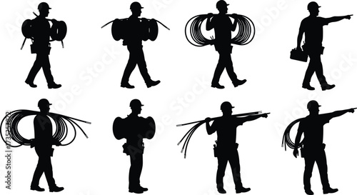 Construction worker silhouettes with hard hats carrying tools, cables, and equipment in various poses for industry, safety, and labor vector illustration