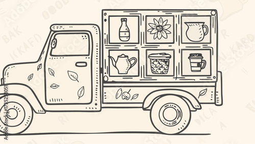 Illustration of a delivery truck carrying various beverages and a flower in outlined squares
