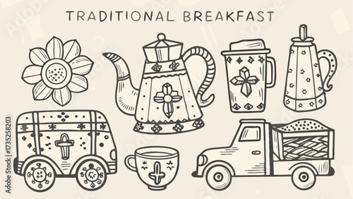 Doodle style illustration of traditional breakfast items including flower, coffee pot, mug, and trucks design