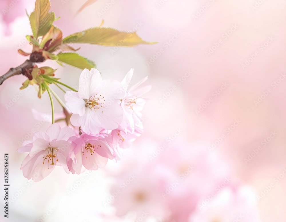 Obraz premium Delicate Pale Pink Cherry Blossom Branch Against Soft Blurred Background