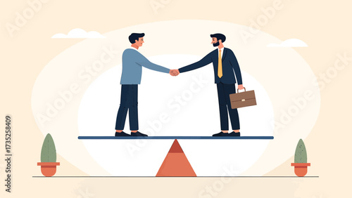 Two businessmen shaking hands on balance scale symbolizing partnership and equality
