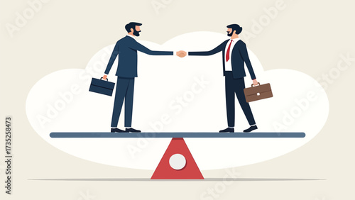 Two businessmen shaking hands on balance scale symbolizing partnership and equality
