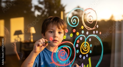 Creative little boy drawing colorful abstract art on glass window with markers, illuminated by sunset light
