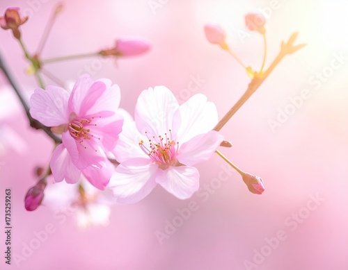 Delicate Pink Cherry Blossoms on Branch with Buds in Soft Focus against a Glowing Pink Background Warm Light and Shallow Depth of Field