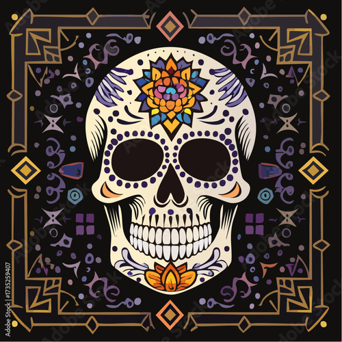 Day of the Dead Skull Illustration: A meticulously designed illustration of a decorated skull, in celebration of the Day of the Dead, adorned with intricate floral motifs and a festive design.