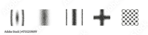 Set of noisy grain abstract shapes, blurry halftone gradient texture with lines, cross and dotted circle pattern, black and white stipple noise elements for poster, cover, digital background design