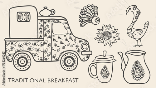 Illustrated truck with teapot, cup, sunflower, bird and fan shapes on a light beige background art