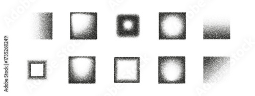 Set of noisy gradient rectangle and square shapes, halftone texture, grain stipple effect, black and white abstract dotted noise pattern for modern poster, social media, grunge design