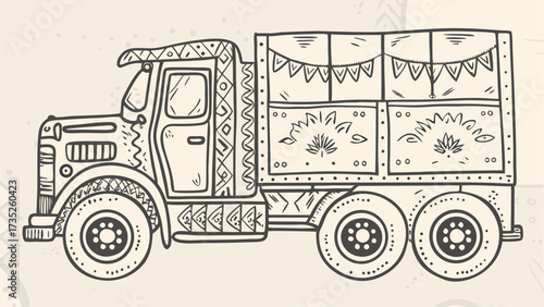 Illustration of a decorated truck with tribal patterns and a covered cargo area on a light background color