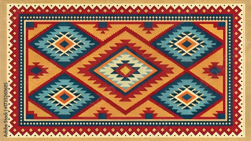 Vibrant geometric kilim design with traditional pattern and warm colors creates an inviting, ethnic vibe for home decor and cultural projects