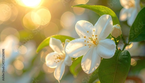 Delicate White Blossom Cluster in Sunlight with Golden Bokeh Highlights and Lush Green Leaves Springtime Nature Photography