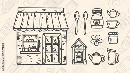 A sketch of a shop front with an awning and various kitchen and pantry items around it in line art