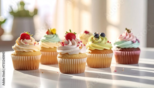 Delicious Assortment of Six Cupcakes with Colorful Frosting and Fruit Toppings on White Marble Surface in Natural Sunlight